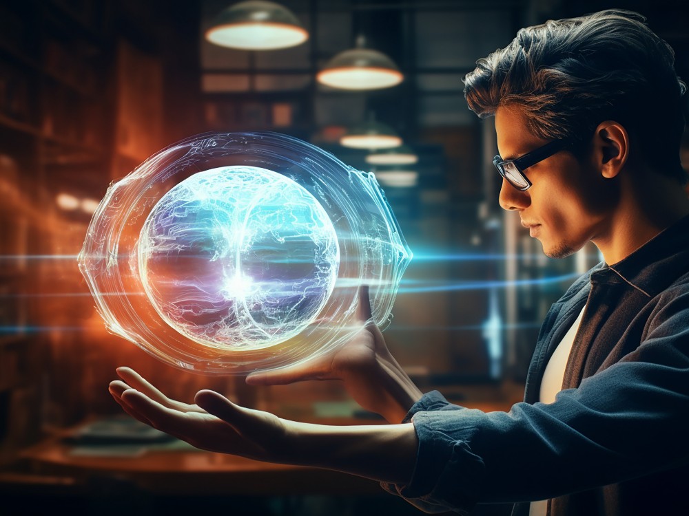 Person Projecting Hologram From His Mind Real World Futuristic Place